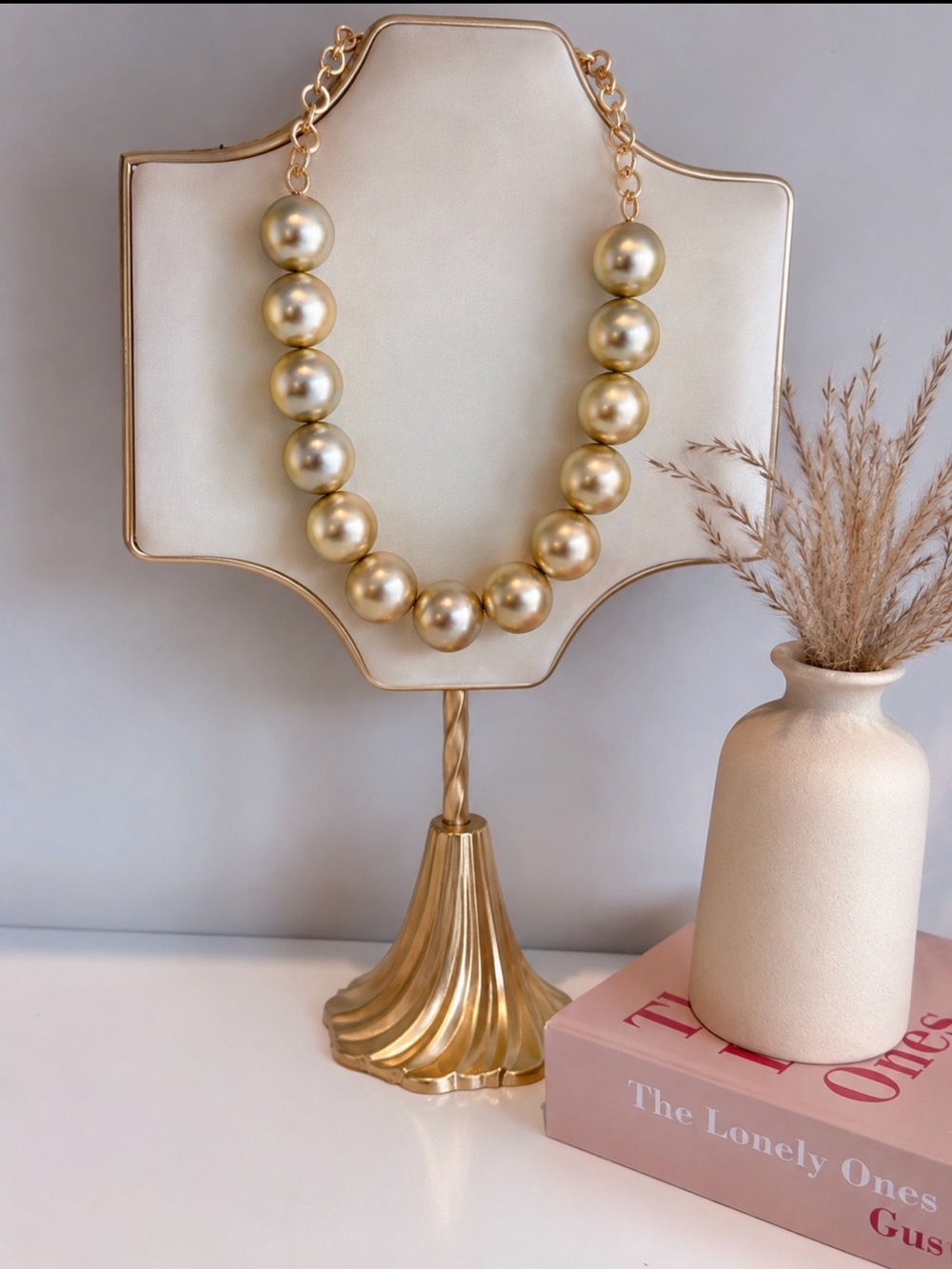 Gold Beaded Statement Necklace - Elegant Metallic Spheres